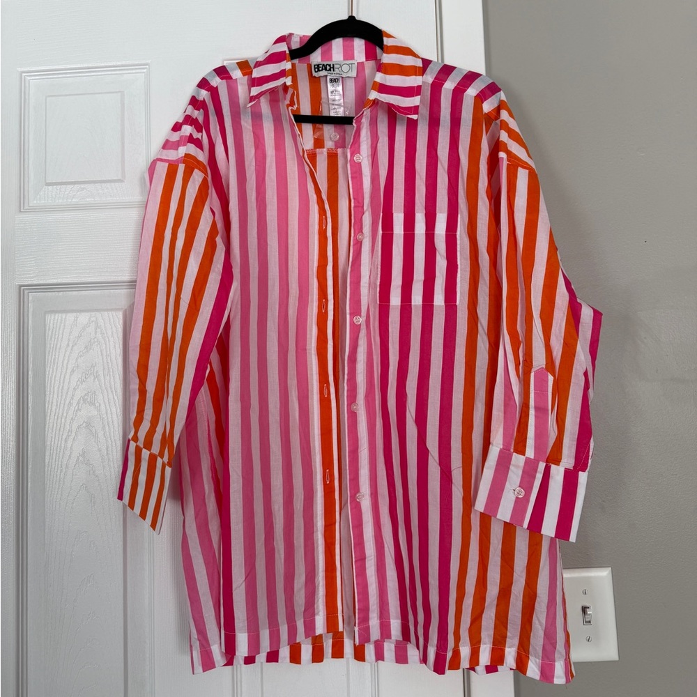 Beach Riot 100% Cotton Pink White Striped Button Down Long Shirt Summer Vacation